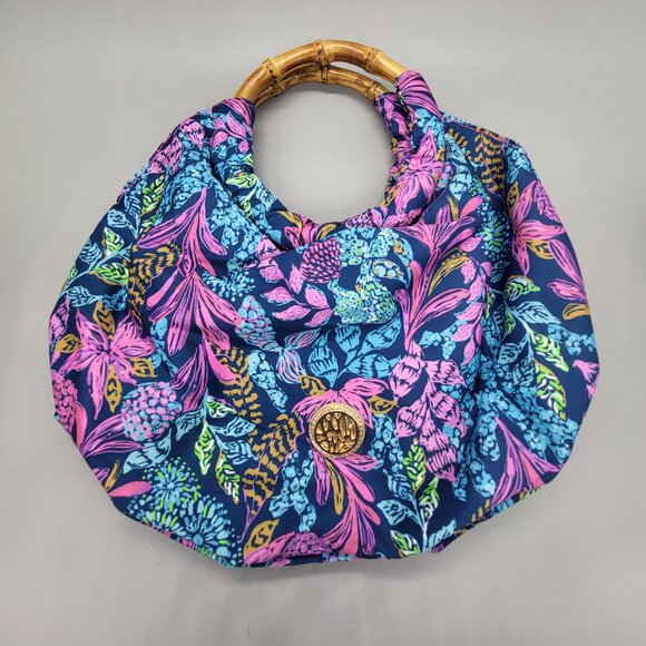 Lilly Pulitzer Aegean Navy Calypso Coast Bamboo Handle Hobo Handbag - Picture 3 of 14